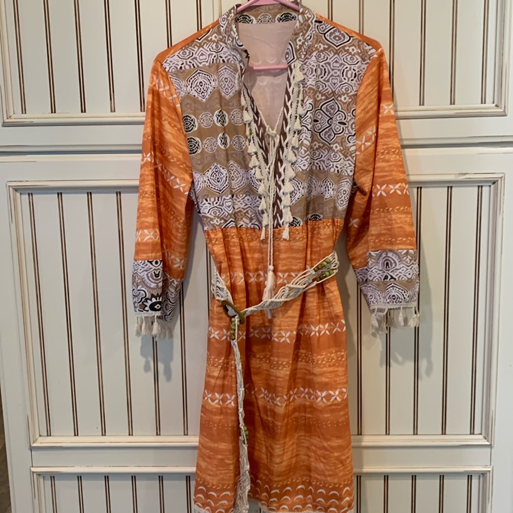 Cute little dress with Boho vibe, burnt colors, hemp belt with beads and frills